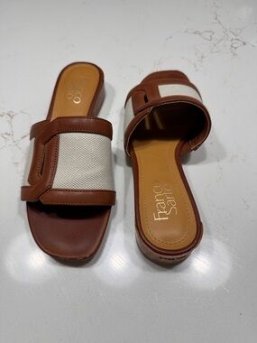 Franco Sarto Cream Canvas with Brown Leather Slide Sandals